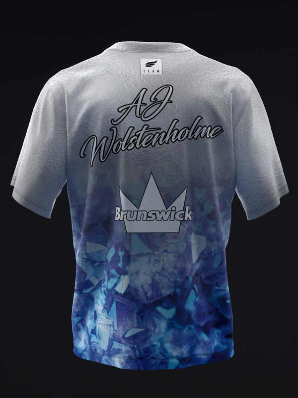 Bowling jersey back view with gradient white to blue tie-dye and scripted text