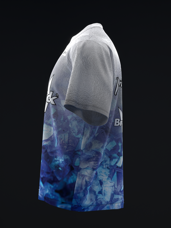 White and blue sublimated bowling jersey with abstract sapphire graphic design, side view