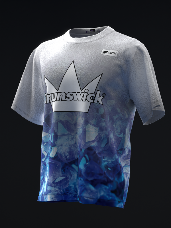 White and blue tie-dye bowling jersey with crown and Brunswick logo graphic