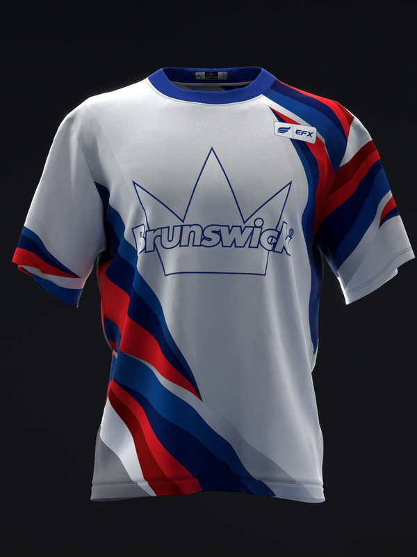 White bowling jersey with blue crown logo and red, blue diagonal stripes, front view