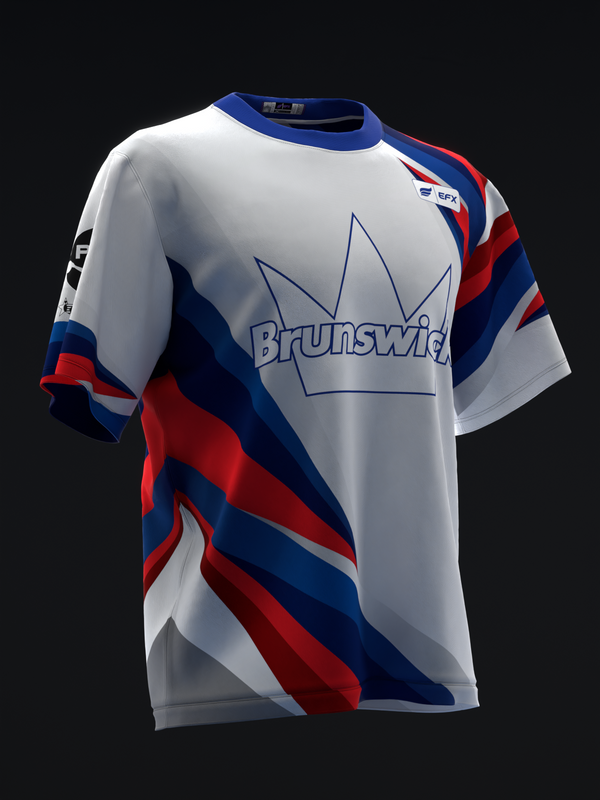 White bowling jersey with Brunswick logo and diagonal red and blue stripes, front view