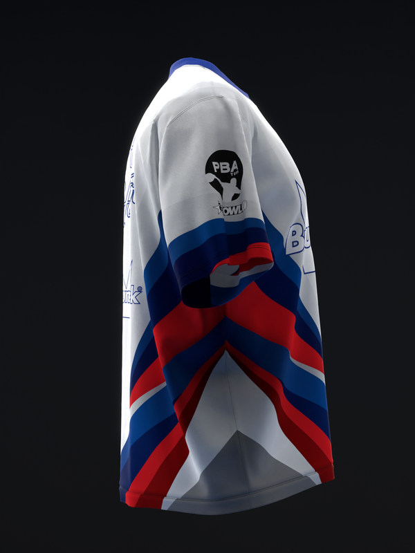 White bowling jersey with red and blue diagonal stripes and logo