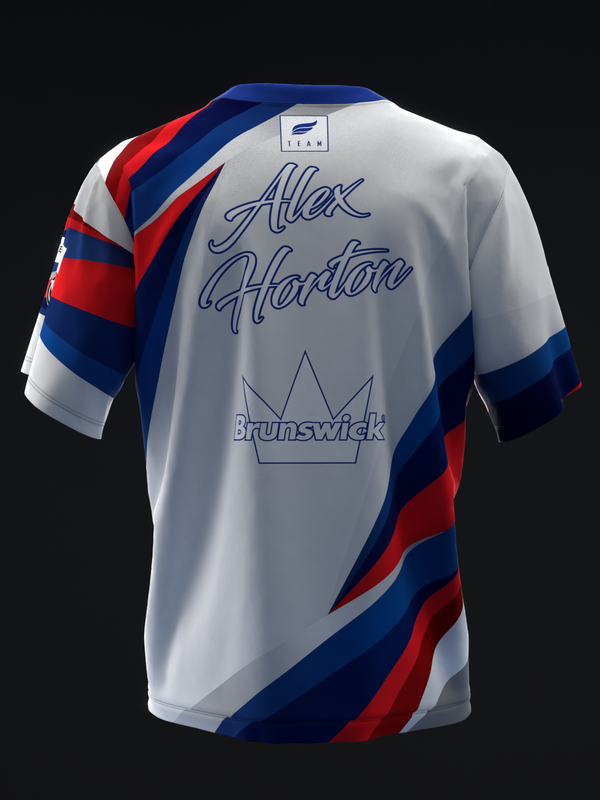 White bowling jersey with red and blue diagonal stripes and personalized text on back
