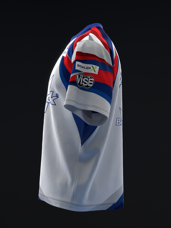 White bowling jersey with red and blue horizontal stripes, front view