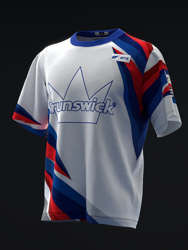 White bowling jersey with blue crown logo and red diagonal striped sleeves, front view