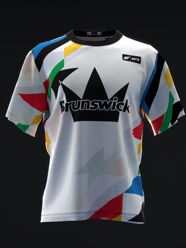 White bowling jersey with multicolor geometric pattern and Brunswick crown logo front view