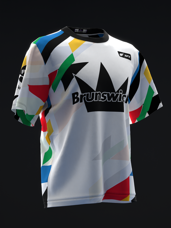 White bowling jersey with Brunswick crown logo and colorful geometric side panels