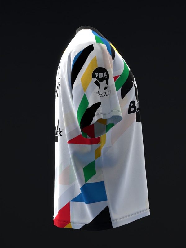 White bowling jersey with multicolored geometric pattern and PBA logo, side view