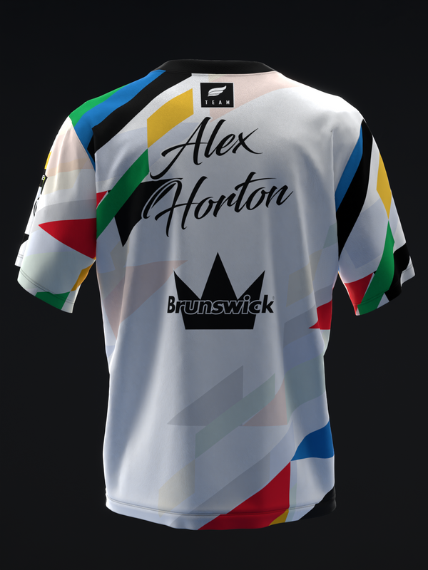 White bowling jersey with colorful geometric panels and Alex Horton name, back view