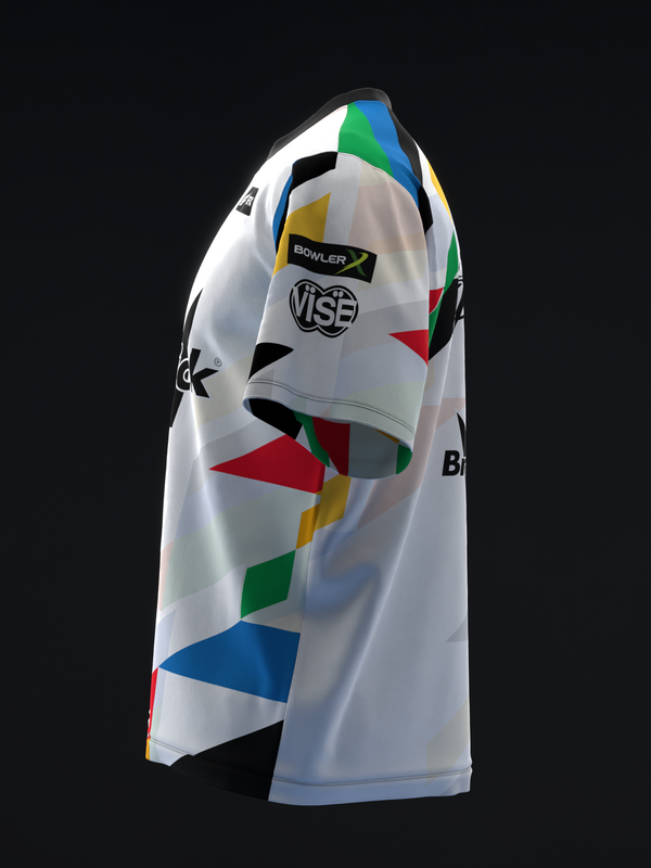 White bowling jersey with colorful geometric triangles and brand logos, side view