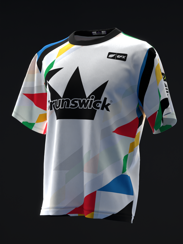 White bowling jersey with black crown logo and colorful geometric pattern design