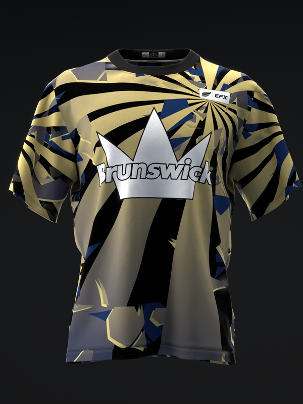 Front view bowling jersey with gold, navy, and black geometric vortex pattern, white crown graphic, Brunswick text