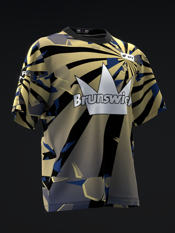 Black, gold and blue bowling jersey with geometric vortex pattern and crown logo