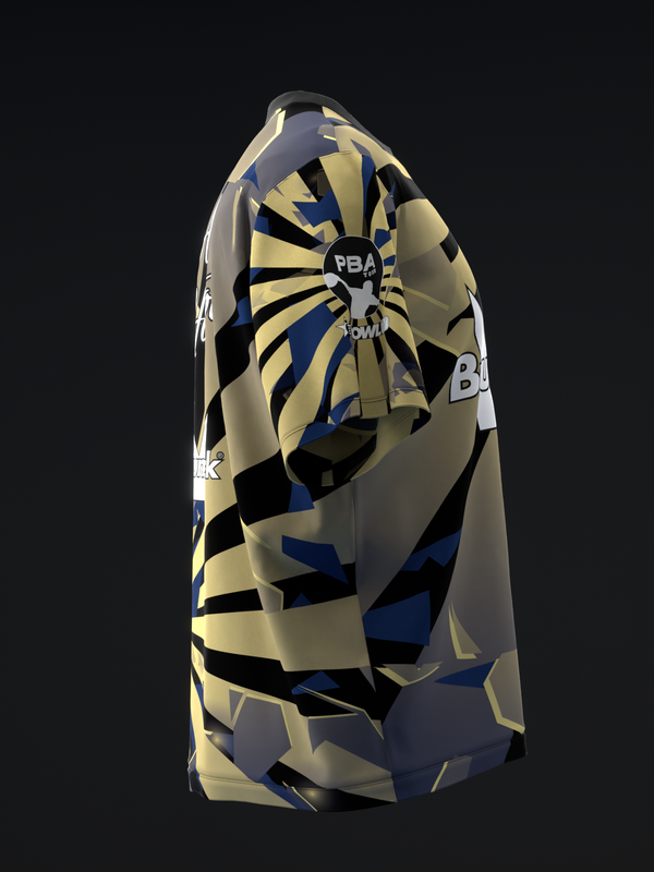 Cream bowling jersey with black and navy geometric vortex pattern and PBA logo
