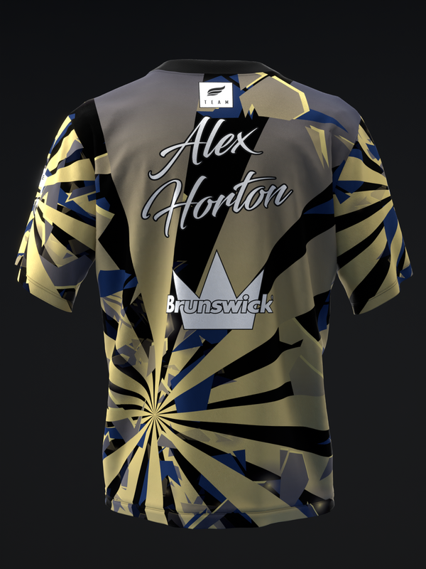 Bowling jersey back view with gold, navy, black geometric pattern and script text