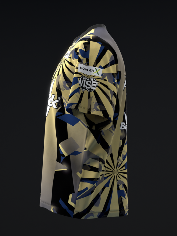 Bowling jersey with cream, navy, and black geometric vortex pattern, front view