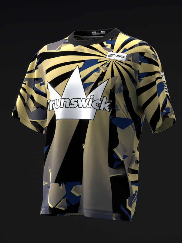 Gold and black geometric bowling jersey with white crown graphic and text