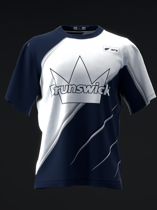 Navy and white bowling jersey with Brunswick crown logo on front