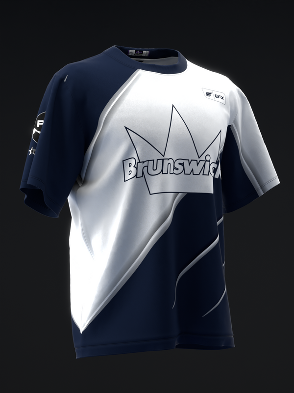 Navy and white bowling jersey with Brunswick crown graphic on front