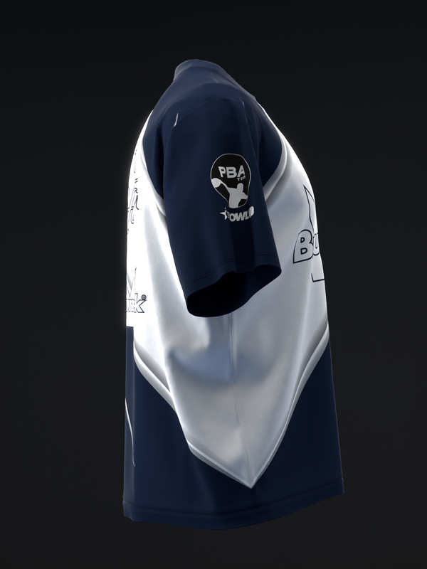 Navy and white bowling jersey with PBA tour logo on back shoulder