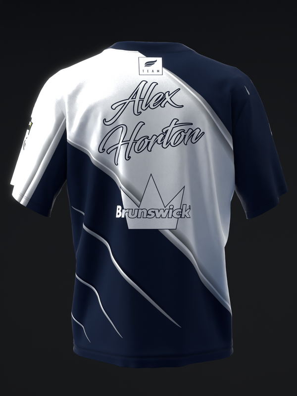 Navy and white bowling jersey with diagonal graphic and personalized name text