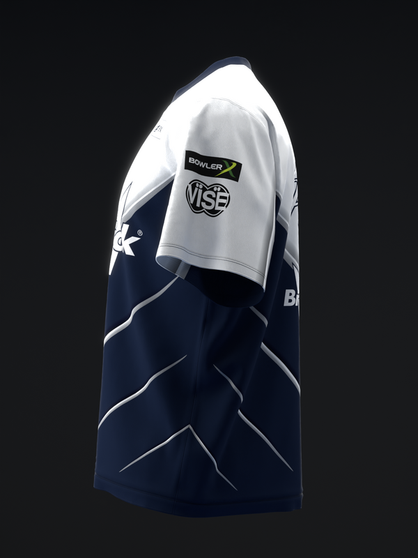 White and navy bowling jersey with geometric arrow design and logos, side view