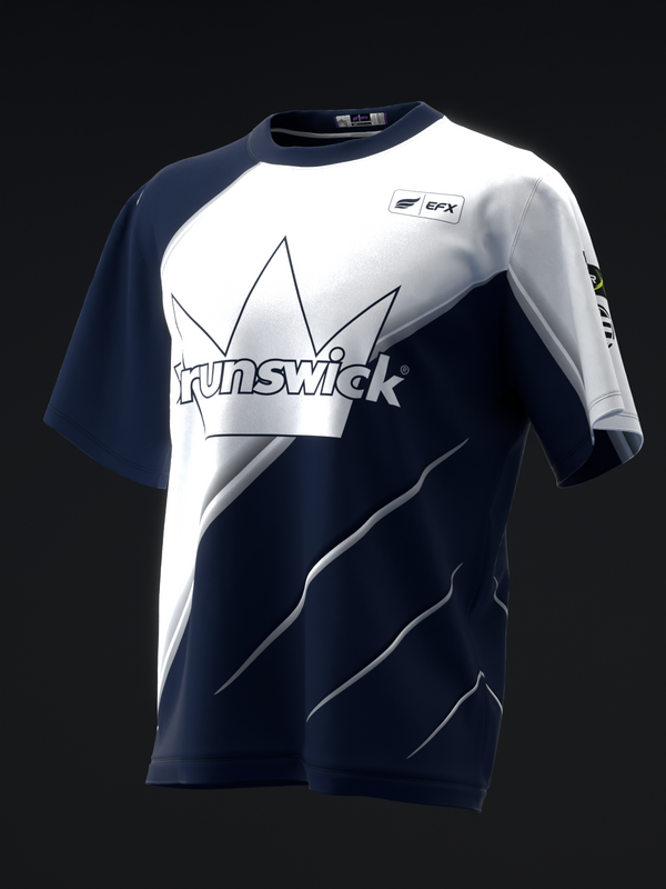Navy and white bowling jersey with Brunswick crown logo and diagonal stripe design