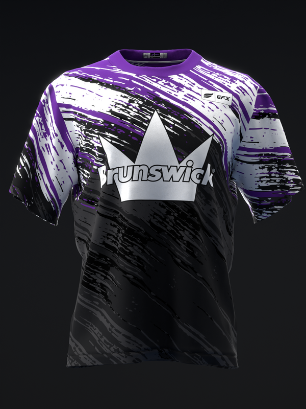 Purple, white, and black bowling jersey with Brunswick crown logo, front view