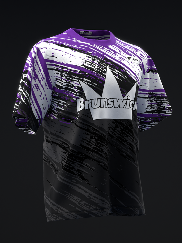 Purple and black bowling jersey with Brunswick logo and distressed brush stroke pattern