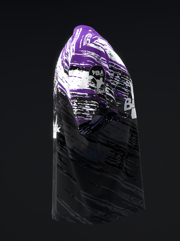 Black bowling jersey with purple and white abstract graphic design, front view