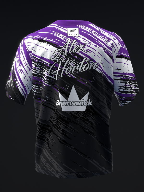 Back view of black and purple bowling jersey with distressed brush stroke design and white crown logo