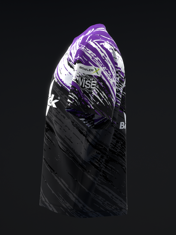 Bowling jersey front in purple, white, and black with abstract brushstroke design