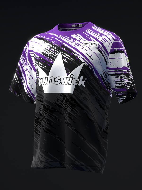 Black and purple bowling jersey with brushstroke pattern and white crown logo