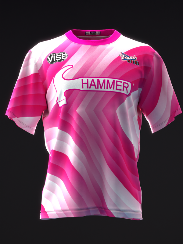Pink and white swirl pattern bowling jersey with hammer graphic front view