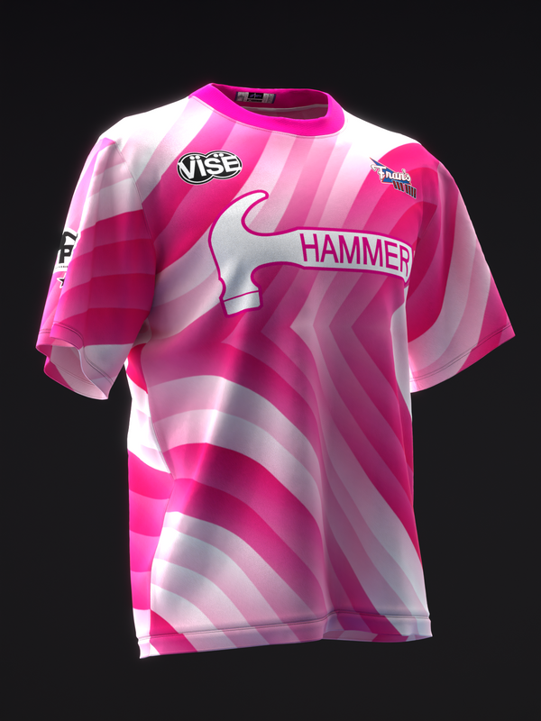 Pink and white swirl pattern bowling jersey with Hammer logo front view