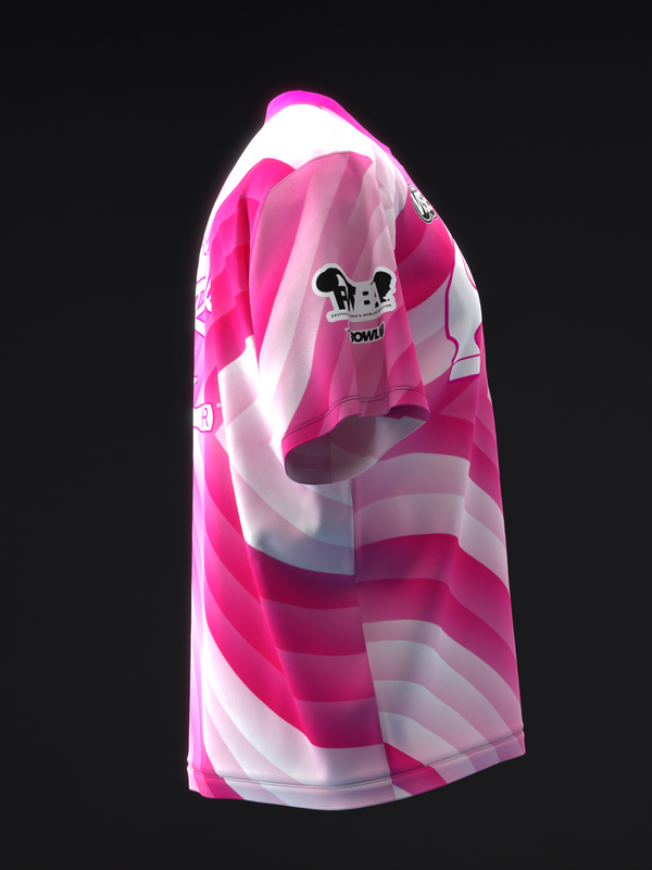 Pink and white swirl bowling jersey with black graphic logo, side view