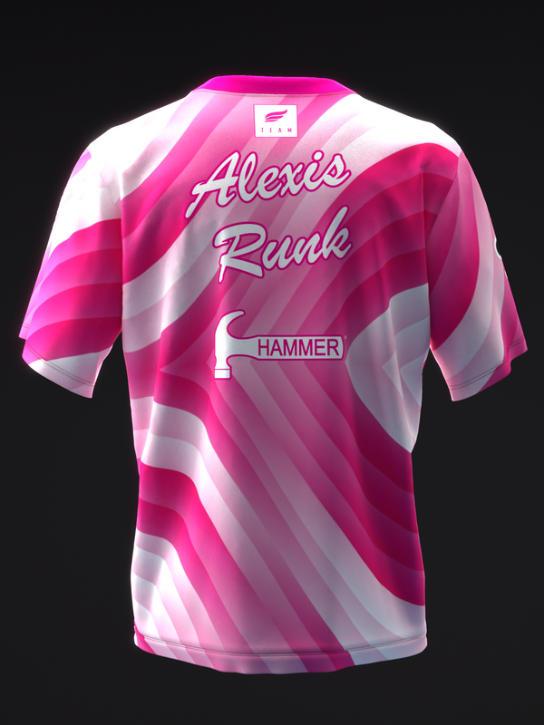 Pink and white bowling jersey with swirl pattern and personalized name graphic, back view