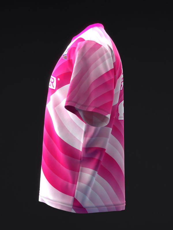 Bowling jersey with pink and white swirl pattern, side view