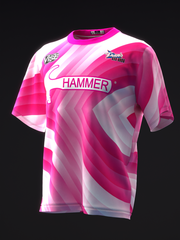 Pink and white bowling jersey with swirl pattern and Hammer logo front view