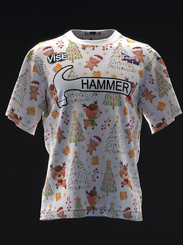 White bowling jersey with holiday-themed pattern and Hammer logo front view