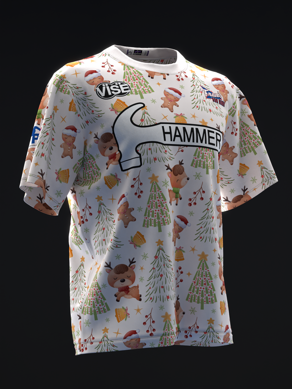 White bowling jersey with festive holiday pattern and Hammer graphics, front view