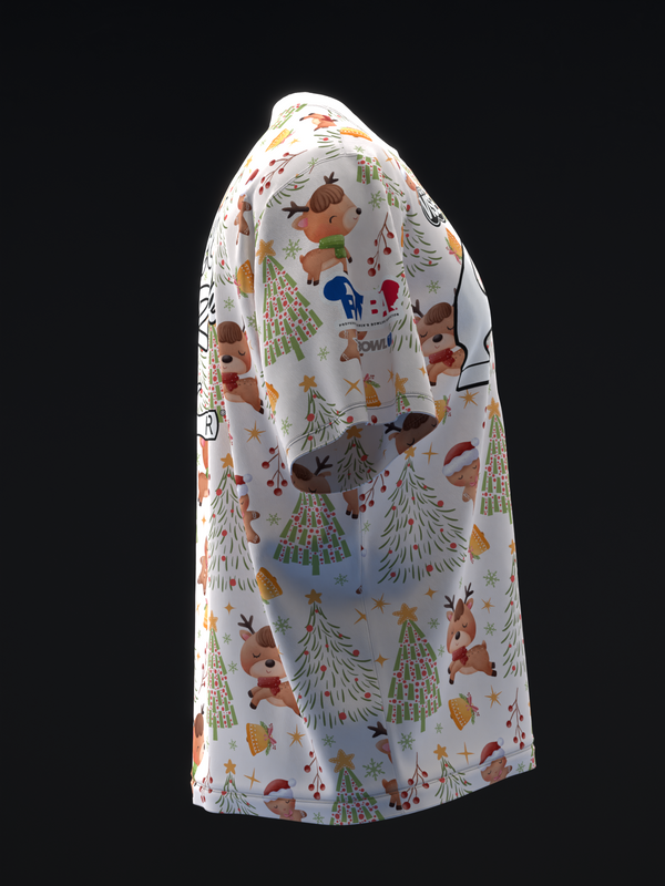 White bowling jersey with festive holiday pattern featuring reindeer and Christmas trees