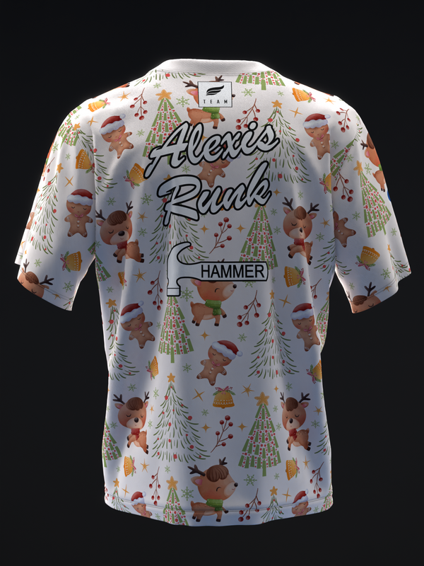 White bowling jersey with holiday pattern and Alexis Runk text, back view