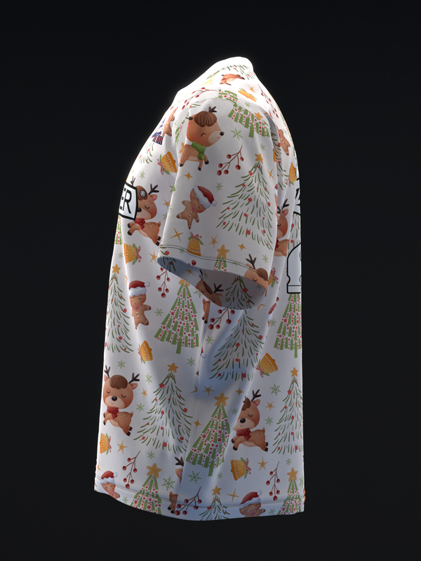 White bowling jersey with holiday-themed gingerbread, trees, and snowflake pattern
