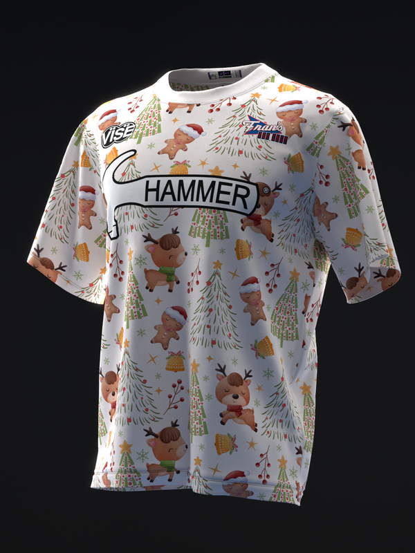 White bowling jersey with holiday print featuring reindeer, gingerbread, trees, front view
