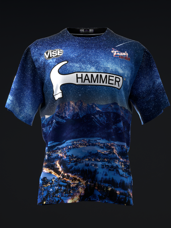 Front view of blue bowling jersey with mountain landscape and Hammer logo graphic