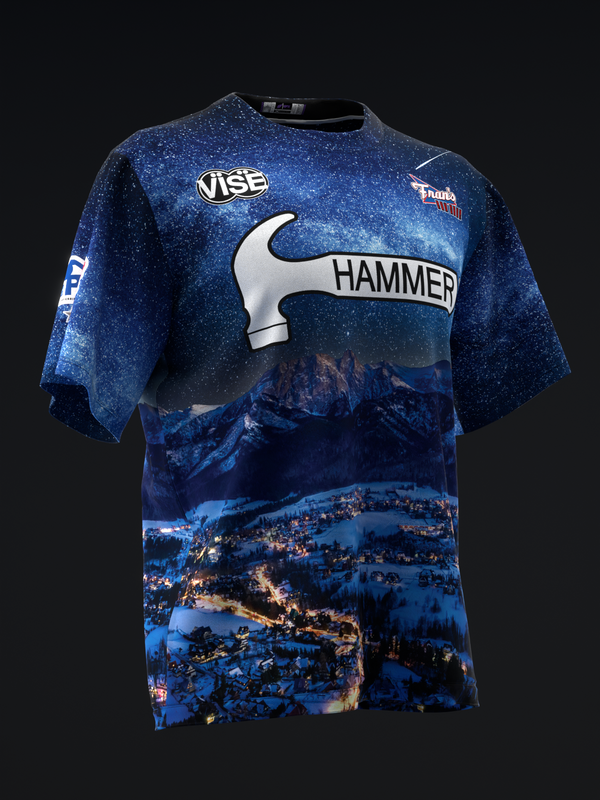 Blue bowling jersey with hammer logo and snowy mountain landscape graphic, front view