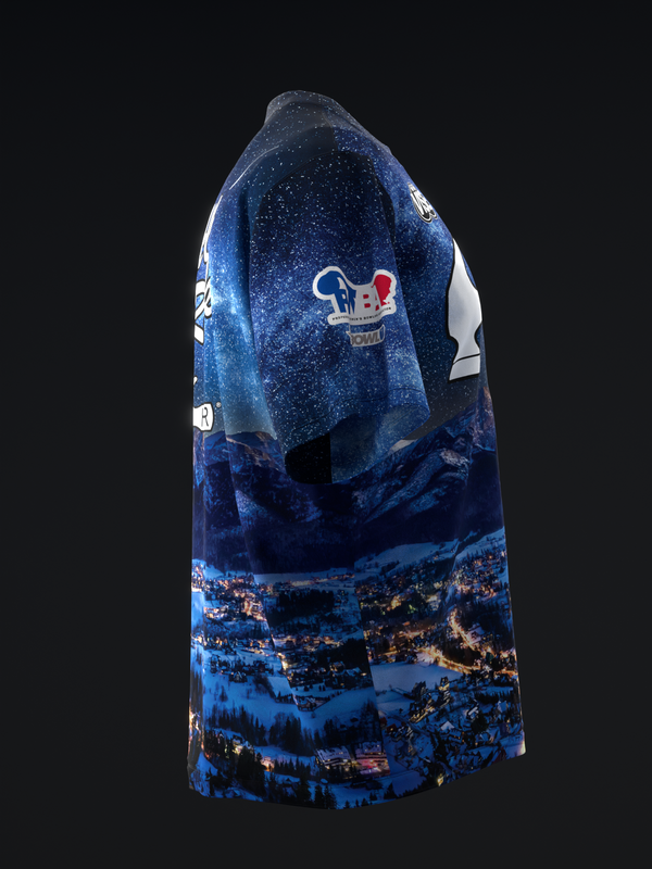 Blue bowling jersey with snowy mountain landscape and bowling graphic design, back view