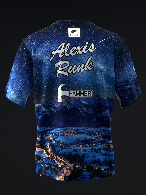 Dark blue bowling jersey with starry sky and snowy mountain landscape graphic, back view