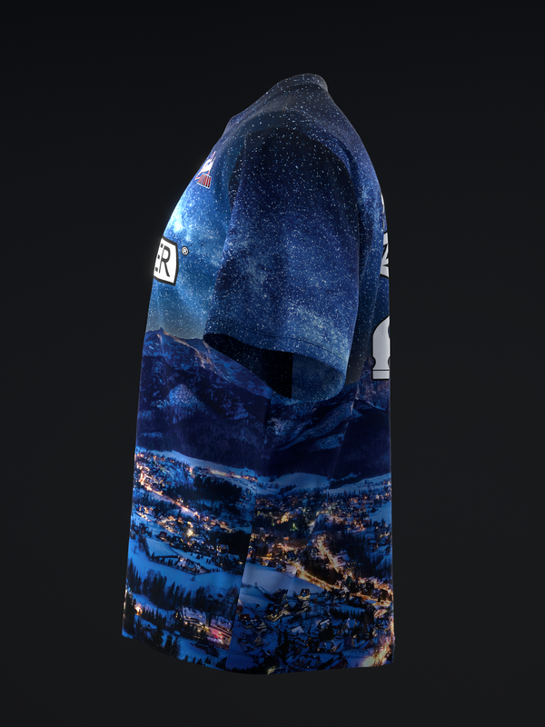 Blue bowling jersey with snowy mountain landscape graphic and white text panel
